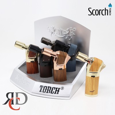 SCORCH TORCH TURBO 45DEG W/ CIGAR PUNCH & HOLD BUTTON ASST METAL & WOOD DESIGN STDS127 6CT/ DISPLAY